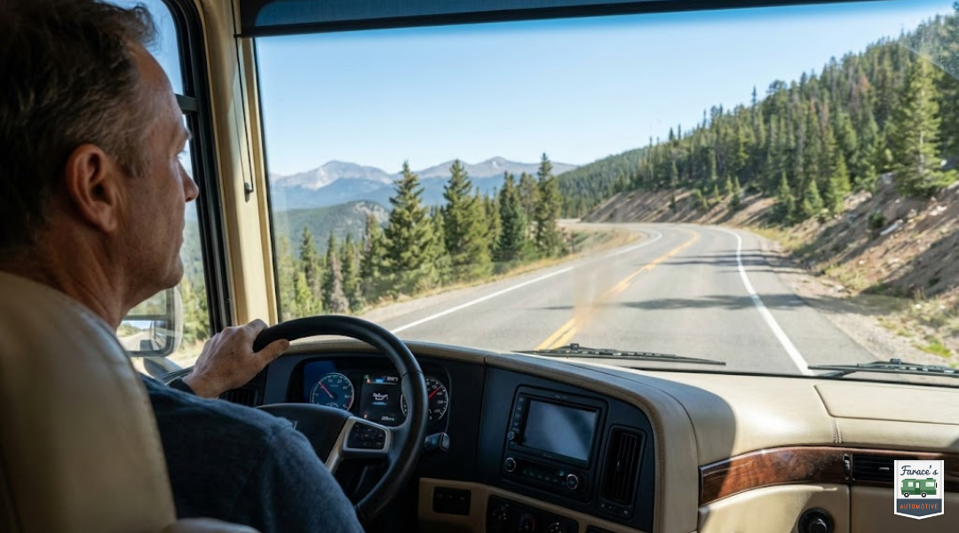 Diesel RV climbing long grade with stable engine temperature and normal gauge readings