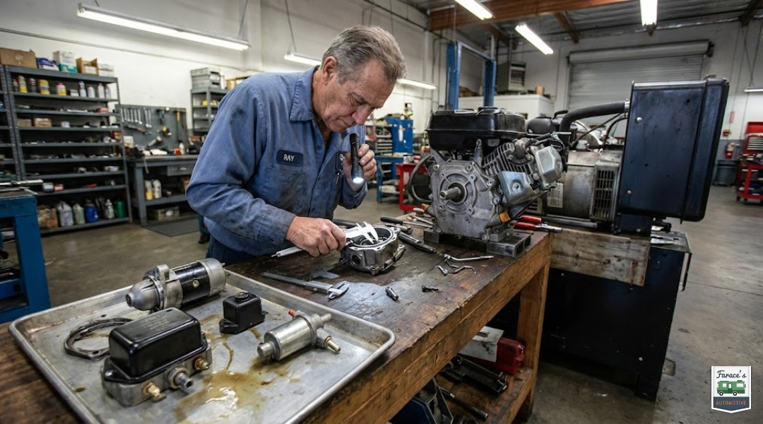 RV generator on workbench showing component level repairs versus full engine overhaul at Orange County service center