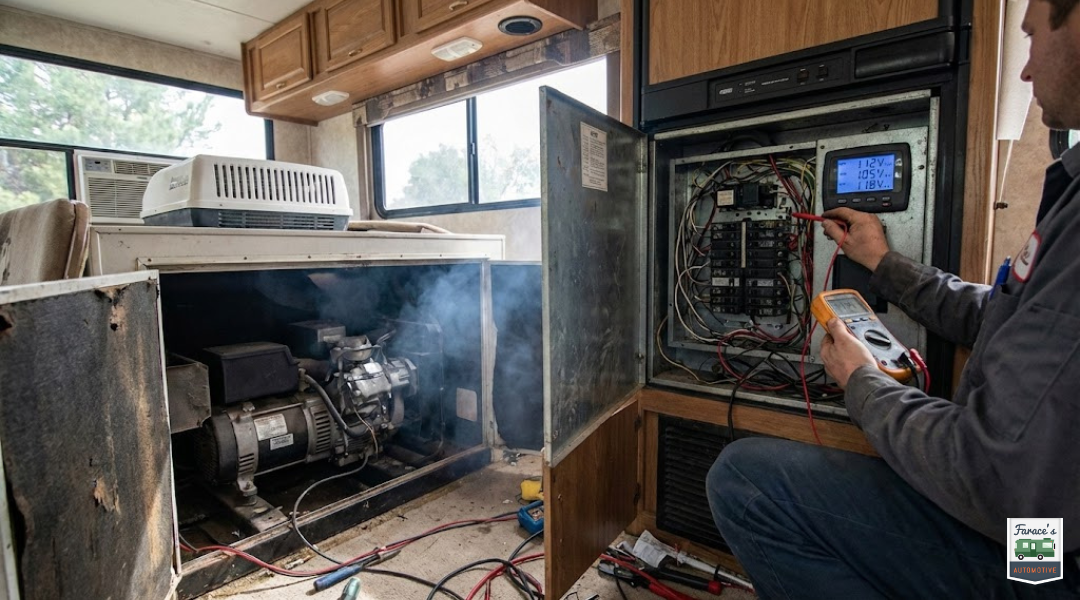 Technician testing voltage output on aging RV generator that runs but cannot power air conditioner in Orange County motorhome