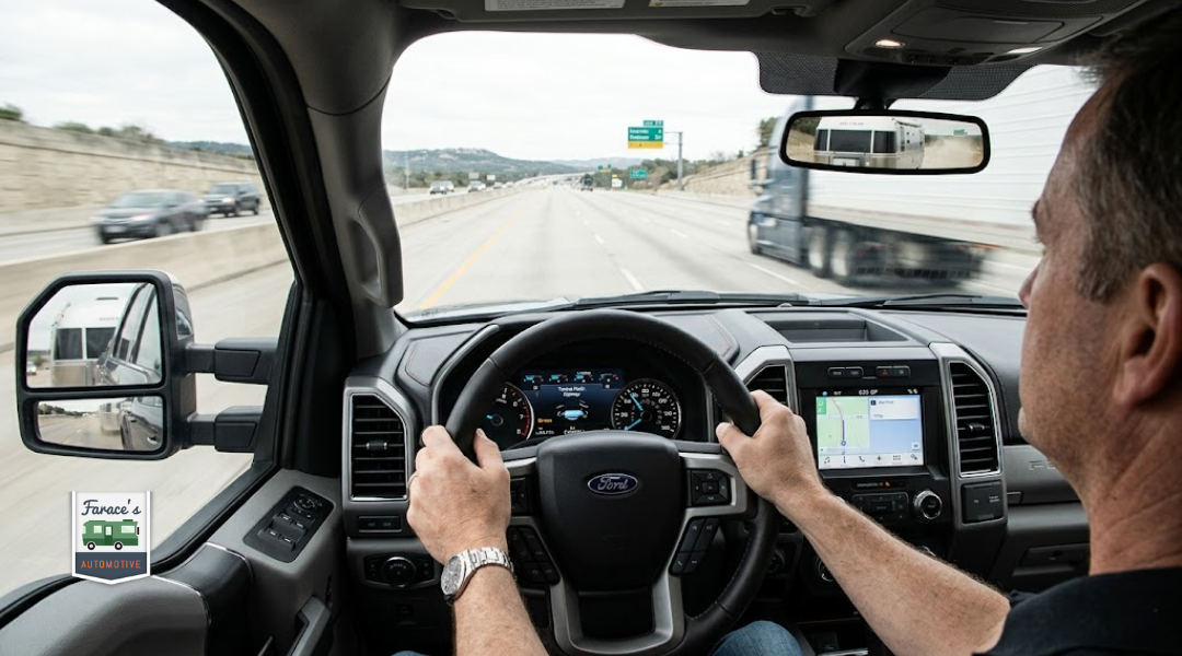 Driver maintaining steady steering to control trailer sway on highway while avoiding sudden braking or overcorrection