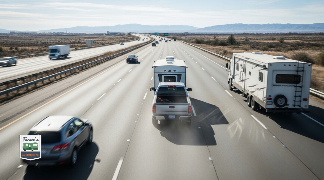 Truck towing trailer on multi-lane freeway with varying speeds showing airflow changes that can cause trailer sway