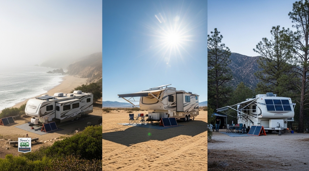 RV solar setup across coastal fog, desert sun, and inland mountains showing how climate impacts power generation and battery use