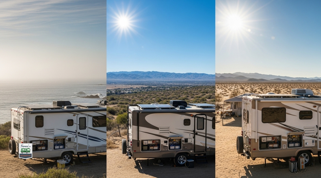RV solar panels in coastal fog, inland sun, and desert heat showing how sunlight variability impacts charging and battery performance