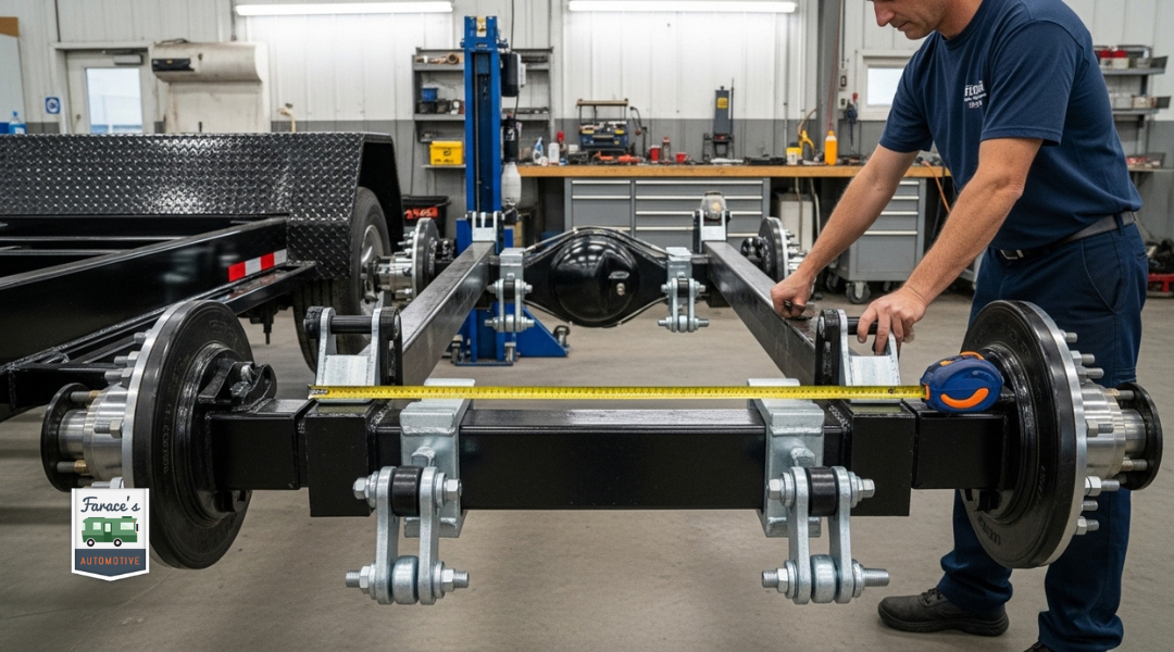 Technician measuring toy hauler axle spacing to ensure suspension compatibility with frame and equalizer alignment