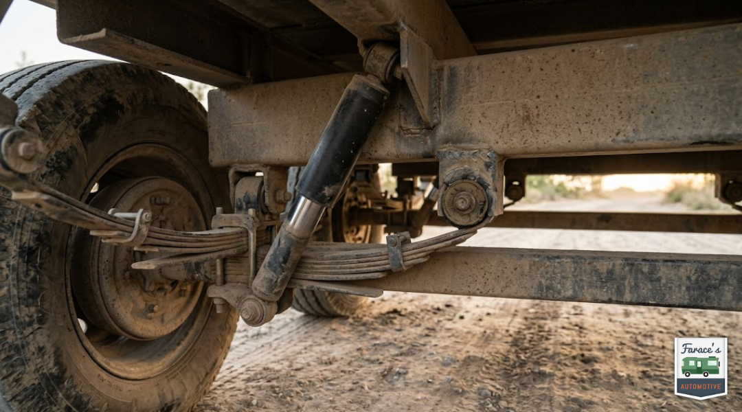 Toy hauler suspension with heavy-duty shocks under load showing frame stress and reduced shock absorption on uneven terrain