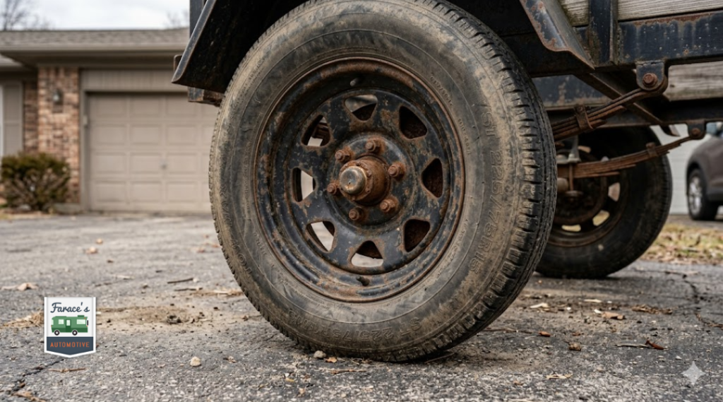 Trailer brake inspection after long storage showing rust on wheel hub and brake parts before towing in Orange County conditions