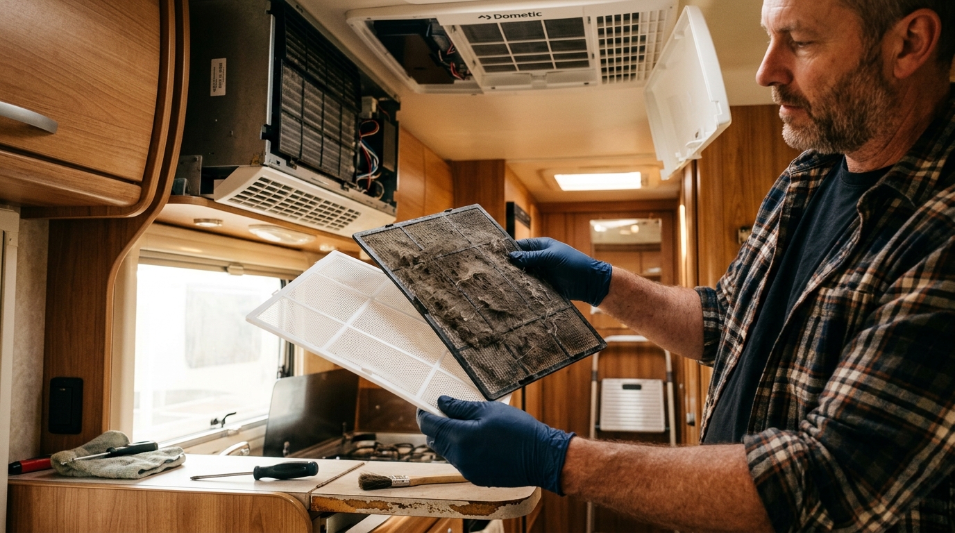 RV owner inspecting dirty AC filter compared to clean one inside an RV