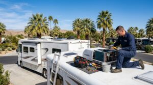 RV air conditioner rooftop unit being serviced on a motorhome in Orange County California