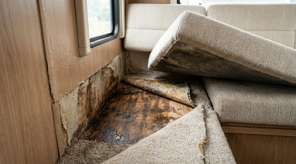 RV interior showing moisture under carpet and wall panels where mold can grow in hidden organic materials