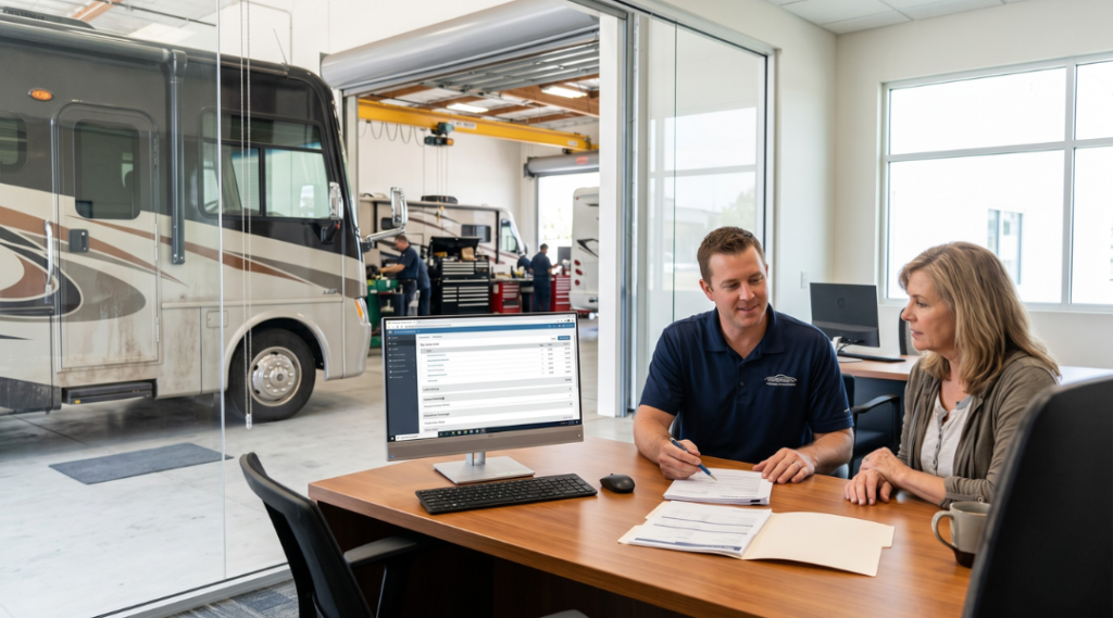 RV repair shop handling insurance claim paperwork in Huntington Beach with customer reviewing estimate and service details