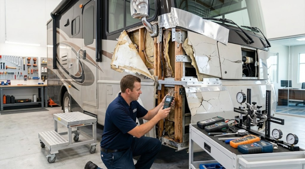 RV structural repair inspection showing technician checking roof and sidewall damage in a Huntington Beach repair shop