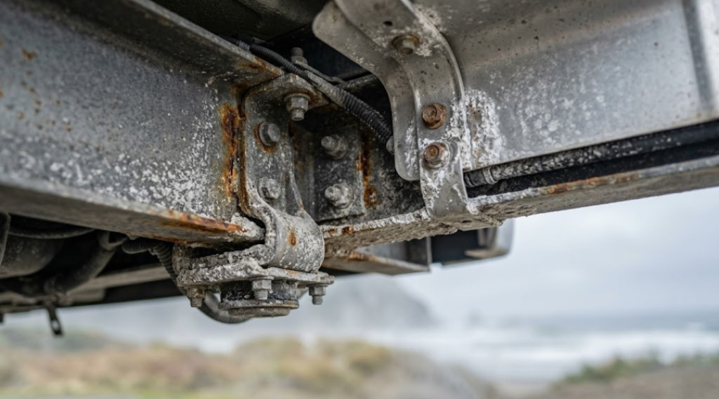 RV undercarriage showing electrochemical corrosion from salt air exposure on metal components near coastal environment