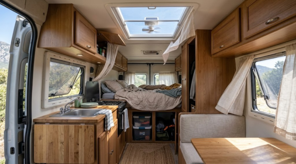 RV interior with roof vents and fan improving airflow to reduce humidity and prevent mold in storage conditions