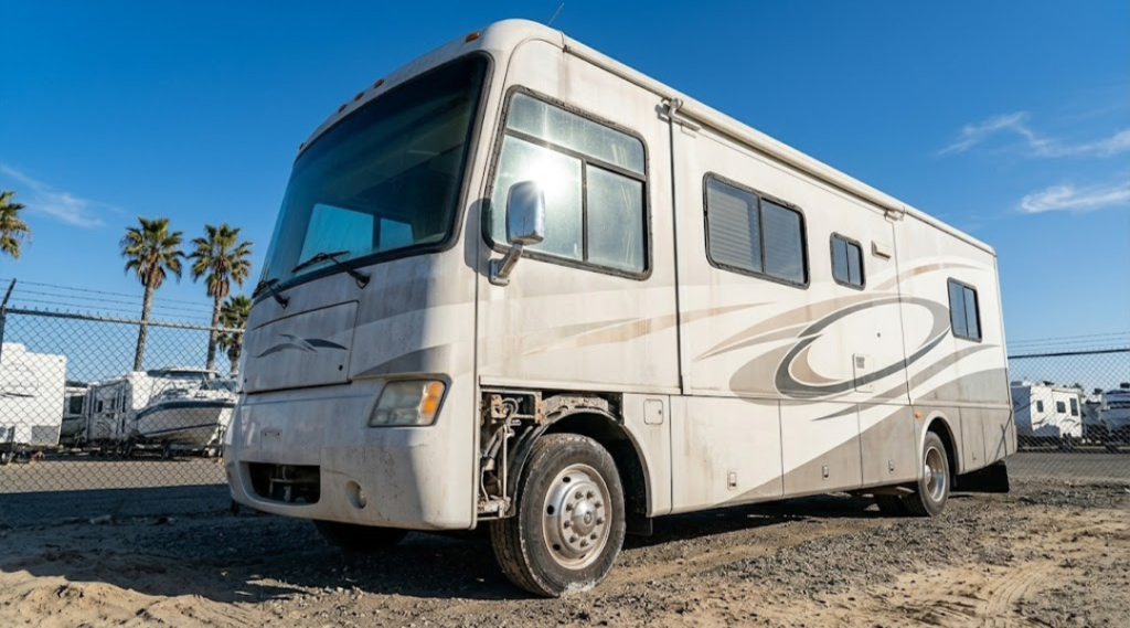 UV damage on RV exterior in coastal storage Huntington Beach showing faded paint and cracked seals under strong sunlight