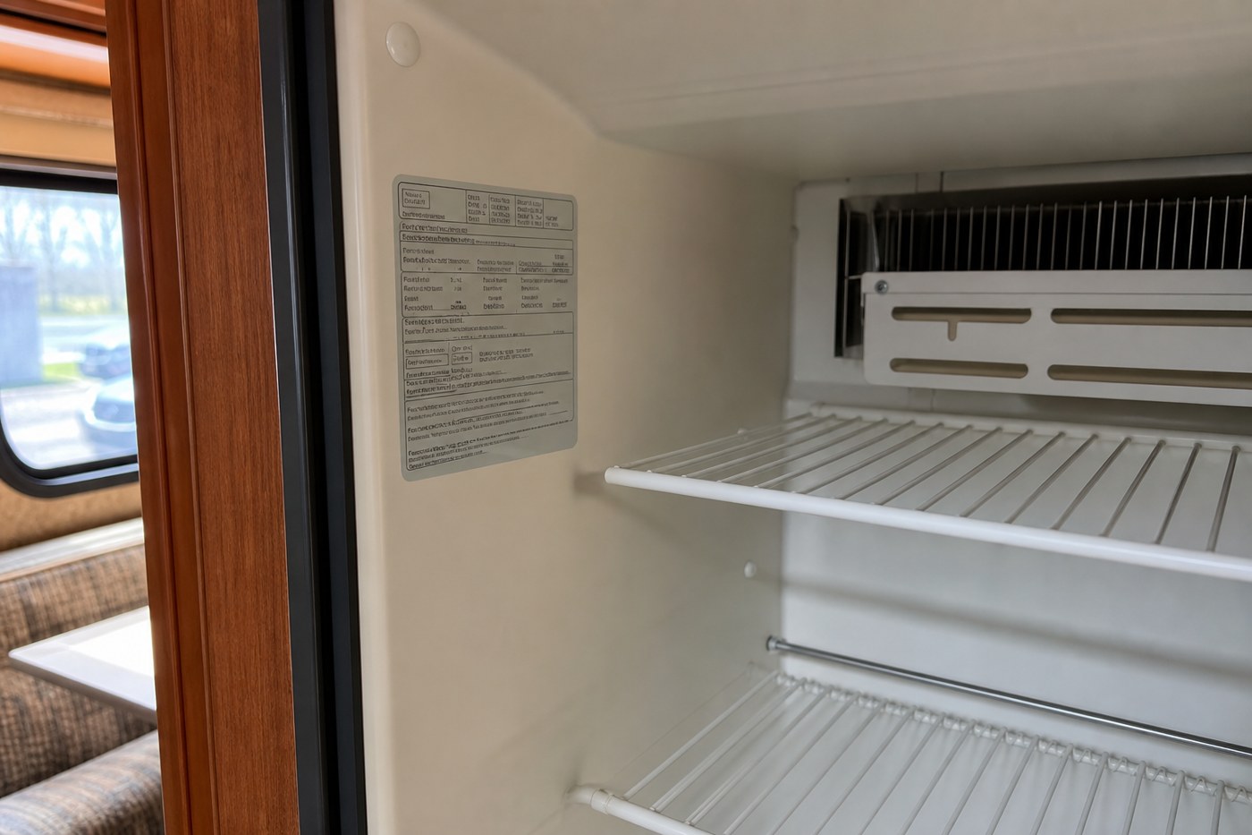 Location of the model and serial data plate on an RV absorption refrigerator.