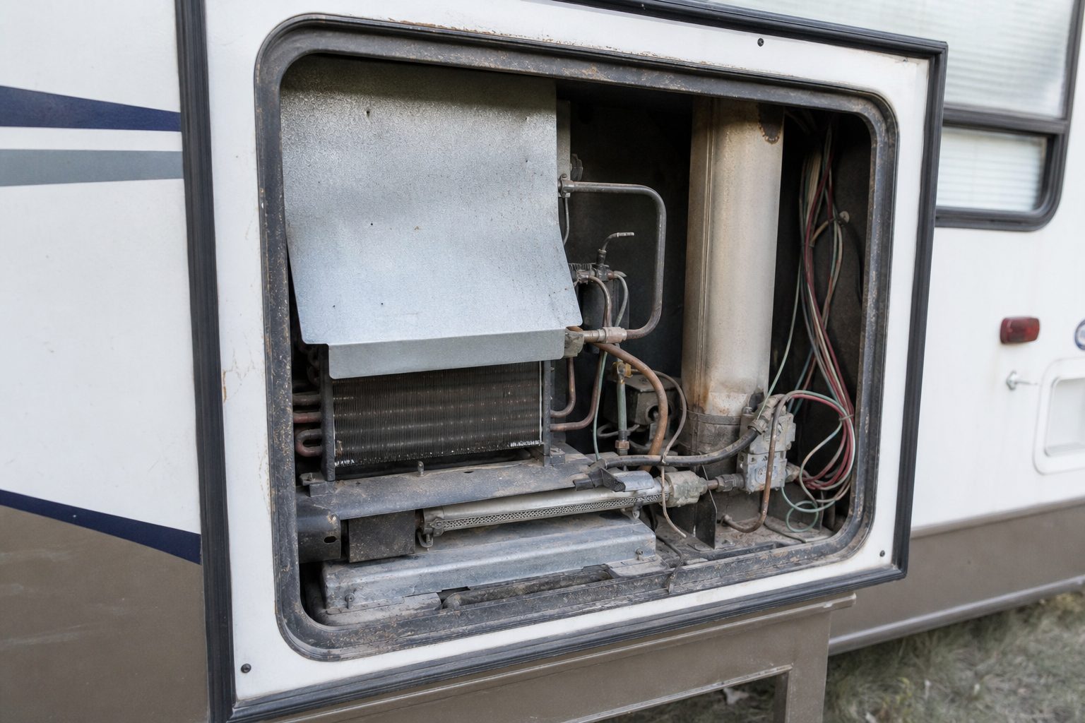 Rear panel access area of an RV refrigerator cooling unit where ammonia residue would appear.