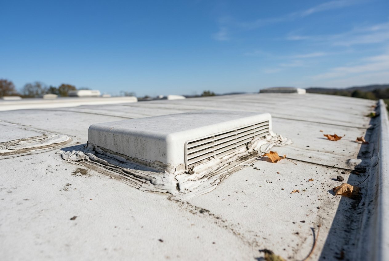 RV roof refrigerator vent that needs clear airflow for the cooling unit to work.
