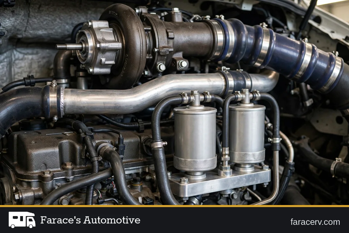 Turbocharger and filter assemblies in a diesel motorhome engine bay