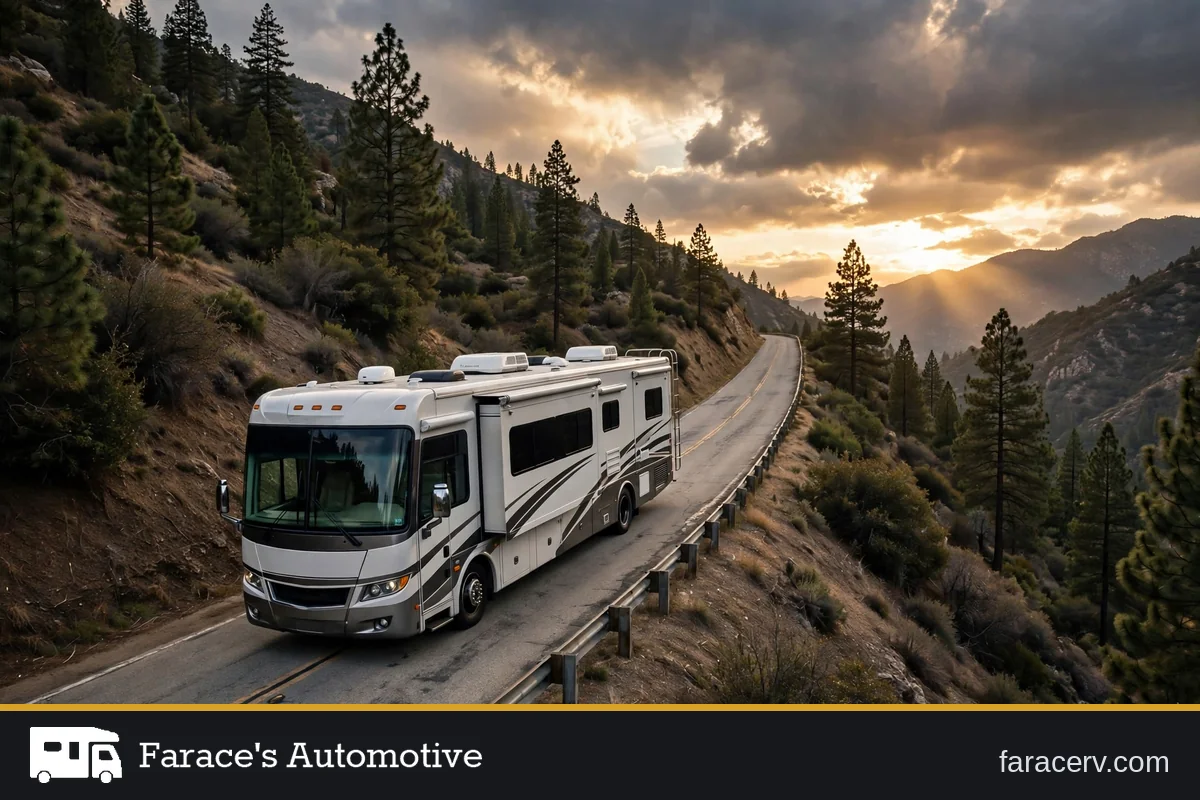 A diesel motorhome traveling on a winding mountain road at sunset