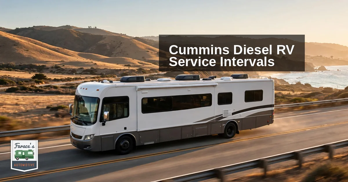 A white diesel pusher motorhome on a coastal road beneath a sunset sky