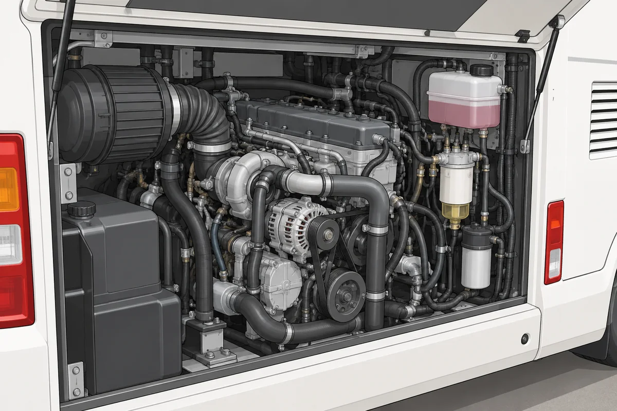 A generic diesel motorhome engine compartment with hoses and filter canisters.