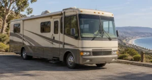 A generic older diesel motorhome parked on a paved coastal overlook.