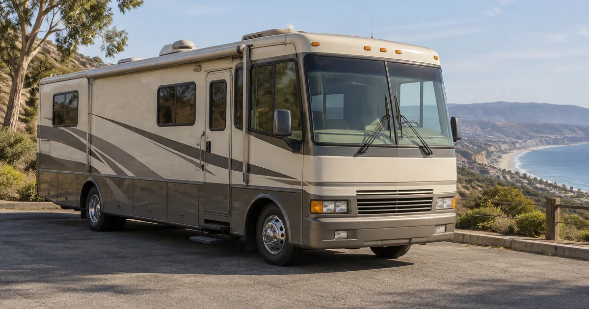 A generic older diesel motorhome parked on a paved coastal overlook.